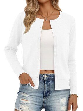 Trendy Queen Women's White Crew Neck Lightweight Knit Cardigan Sweaters